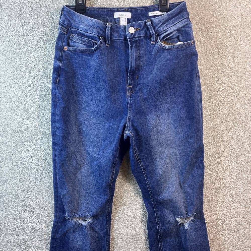 Forever 21‎ Curvy Skinny Boot Jeans Women's 30 Blue Distressed High Rise Denim
